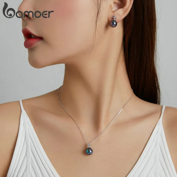 bamoer 925 Sterling Silver Elegant Black Pearl Earrings Necklace Shell Pearl Necklace Chain for Women Fine Jewelry Set BSN226