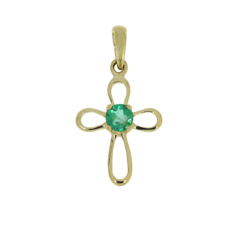 .04ct Emerald Cross Religious Pendant 10KT Yellow Gold