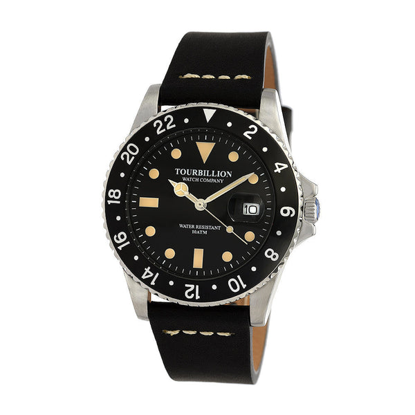 TOURBILLION WATCH COMPANY VINTAGE COLLECTION WATCH SILVER CASE BLACK DIAL WITH INDEX AND BLACK ALUMINUM BEZELWITH BLACK GENUINE LEATHER STRAP