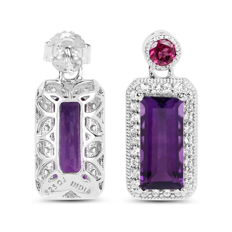 "6.98 Carat Genuine Amethyst, Rhodolite and White Topaz .925 Sterling Silver Earrings"