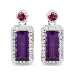 "6.98 Carat Genuine Amethyst, Rhodolite and White Topaz .925 Sterling Silver Earrings"
