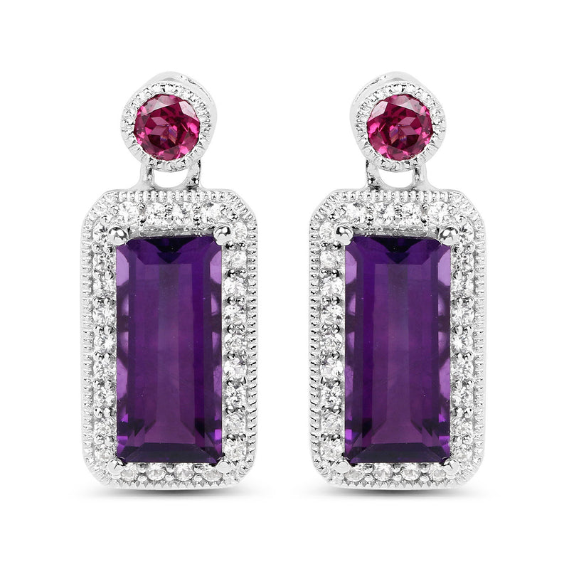"6.98 Carat Genuine Amethyst, Rhodolite and White Topaz .925 Sterling Silver Earrings"