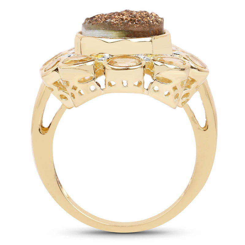 5.14 Carat Genuine Bronze Drusy and Citrine .925 Sterling Silver Ring