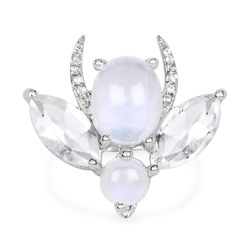 "7.41 Carat Genuine White Rainbow Moonstone, Crystal Quartz and White Topaz .925 Sterling Silver Ring"