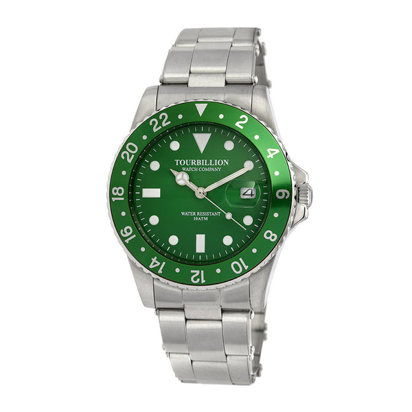 TOURBILLION WATCH COMPANY VINTAGE COLLECTION WATCH SILVER CASE GREEN DIAL WITH INDEX AND GREEN ALUMINUM BEZEL WITH STAINLESS STEEL EXPANDABLE STRAP