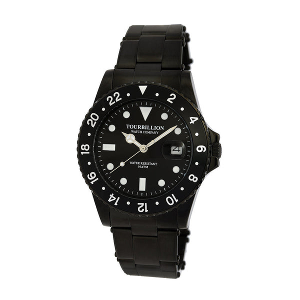 TOURBILLION WATCH COMPANY VINTAGE COLLECTION WATCH IP BLACK CASE BLACK DIAL WITH INDEX AND BLACK ALUMINUM BEZEL WITH IP BLACK STAINLESS STEEL EXPANDABLE STRAP