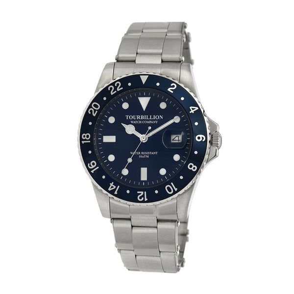 TOURBILLION WATCH COMPANY VINTAGE COLLECTION WATCH SILVER CASE BLUE DIAL WITH INDEX AND BLUE ALUMINUM BEZEL WITH STAINLESS STEEL EXPANDABLE STRAP