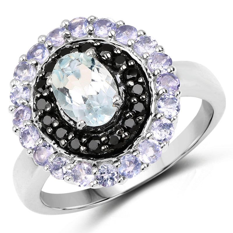 1.77 Carat Genuine Aquamarine, Black Spinel and Tanzanite .925 Sterling Silver Ring