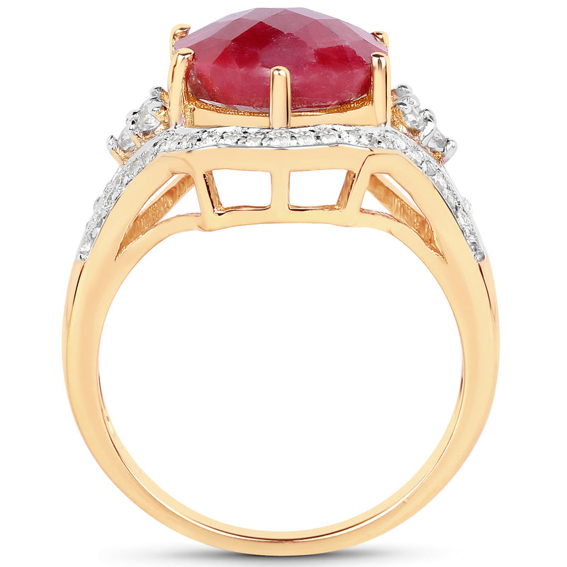14K Yellow Gold Plated 6.91 Carat Dyed Ruby and White Topaz .925 Sterling Silver Ring