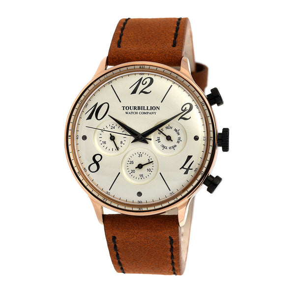 TOURBILLION WATCH COMPANY RETRO COLLECTION WATCH ROSE GOLD CASE WHITE DIAL WITH NUMBER & INDEX AND L. BROWN GENUINE LEATHER STRAP