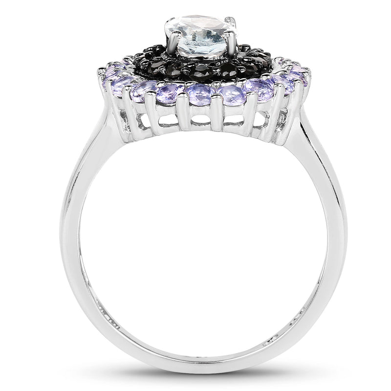 1.77 Carat Genuine Aquamarine, Black Spinel and Tanzanite .925 Sterling Silver Ring