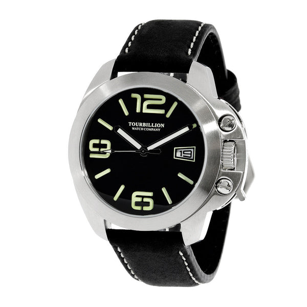 TOURBILLION WATCH COMPANY MODERN COLLECTION STAINLESS STEEL CASE BLACK DIAL WITH GREEN ARABIC AND INDEX NUMBERS WITH CROWN SAFTY LOCK AND BLACK GENUINE LEATHER STRAP
