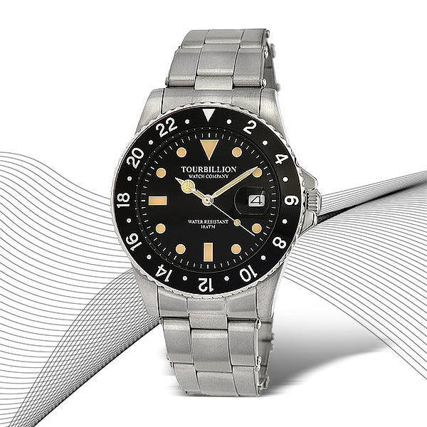 TOURBILLION WATCH COMPANY VINTAGE COLLECTION WATCH SILVER CASE BLACK DIAL WITH INDEX AND BLACK ALUMINUM BEZEL WITH STAINLESS STEEL EXPANDABLE STRAP