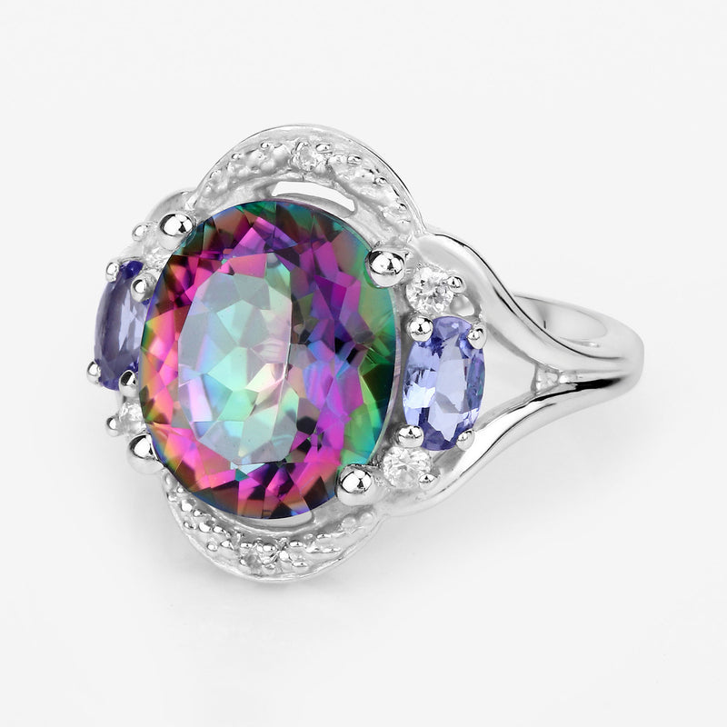 "4.74 Carat Genuine Rainbow Quartz, Tanzanite and White Zircon .925 Sterling Silver Ring"