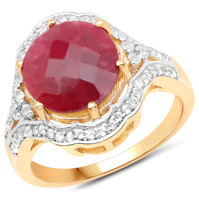 14K Yellow Gold Plated 6.91 Carat Dyed Ruby and White Topaz .925 Sterling Silver Ring