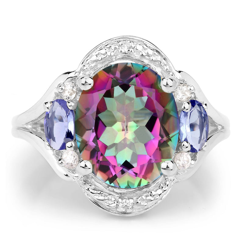 "4.74 Carat Genuine Rainbow Quartz, Tanzanite and White Zircon .925 Sterling Silver Ring"