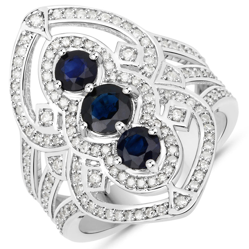 1.76 Carat Genuine Blue Sapphire and White Diamond .925 Sterling Silver Ring