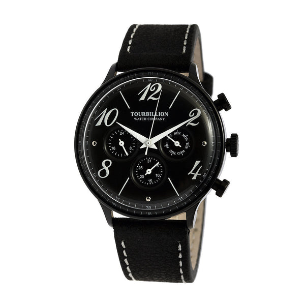 TOURBILLION WATCH COMPANY RETRO COLLECTION WATCH IP BLACK CASE BLACK DIAL WITH NUMBER & INDEX AND BLACK GENUINE LEATHER STRAP