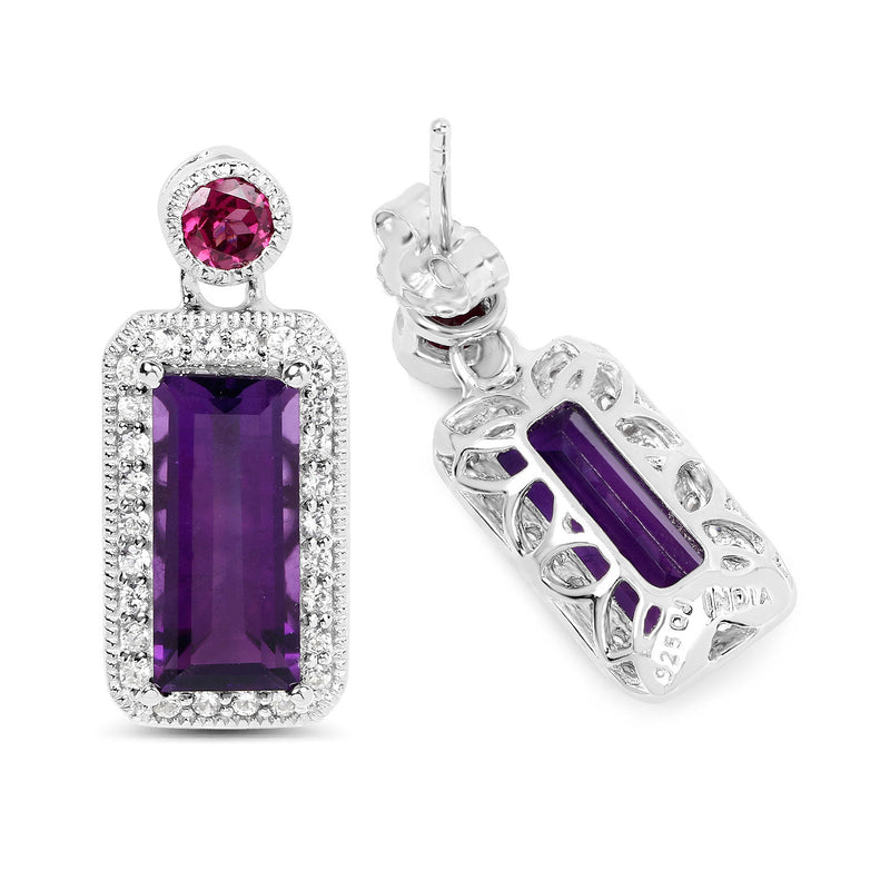 "6.98 Carat Genuine Amethyst, Rhodolite and White Topaz .925 Sterling Silver Earrings"