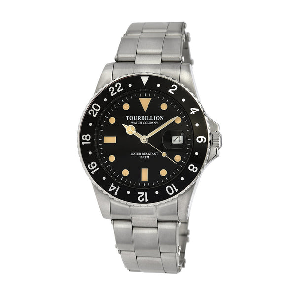 TOURBILLION WATCH COMPANY VINTAGE COLLECTION WATCH SILVER CASE BLACK DIAL WITH INDEX AND BLACK ALUMINUM BEZEL WITH STAINLESS STEEL EXPANDABLE STRAP