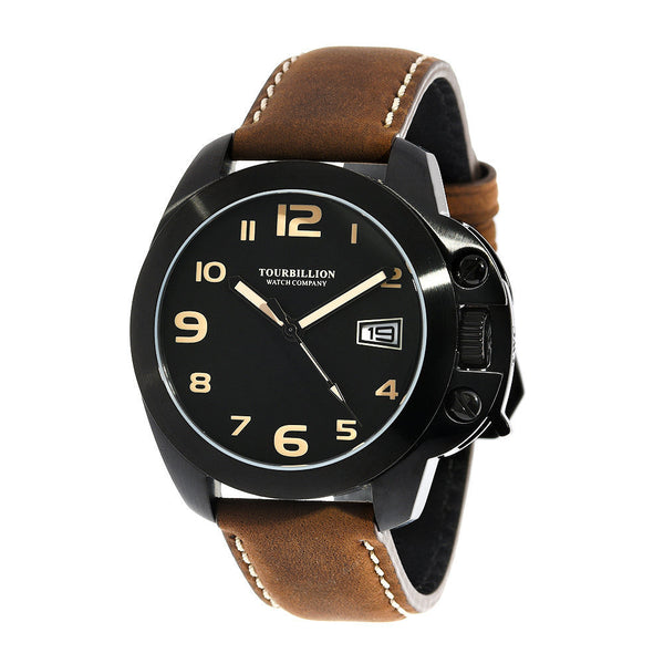 TOURBILLION WATCH COMPANY MODERN COLLECTION WATCH IP BLACK CASE BLACK DIAL WITH TAN ARABIC NUMBERS WITH CROWN SAFTY LOCK AND BROWN GENUINE LEATHER STRAP