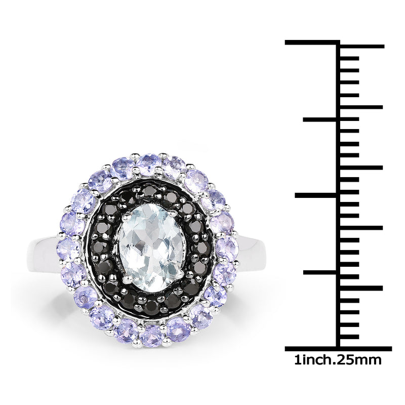 1.77 Carat Genuine Aquamarine, Black Spinel and Tanzanite .925 Sterling Silver Ring