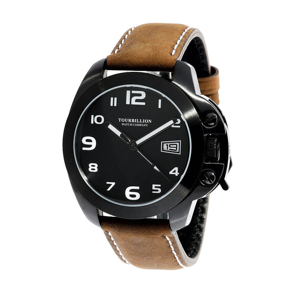 TOURBILLION WATCH COMPANY MODERN COLLECTION WATCH IP BLACK CASE BLACK DIAL WITH WHITE ARABIC NUMBERS WITH CROWN SAFTY LOCK AND BROWN GENUINE LEATHER STRAP