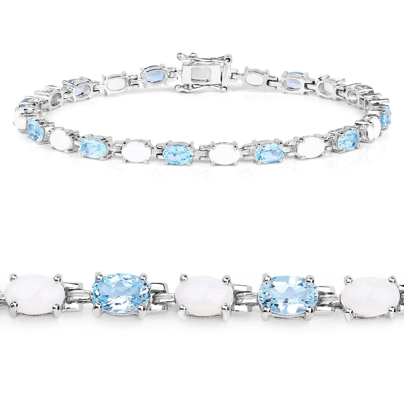 9.02 Carat Genuine Opal and Blue Topaz .925 Sterling Silver Bracelet
