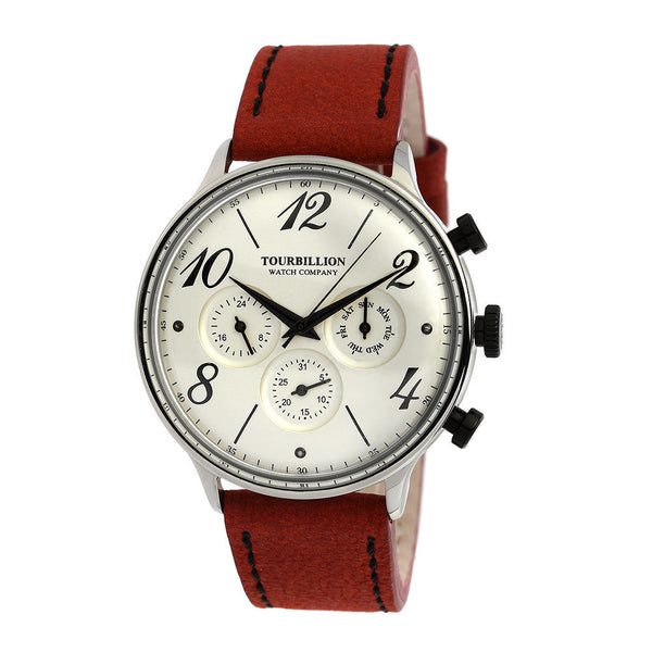 TOURBILLION WATCH COMPANY RETRO COLLECTION WATCH SILVER CASE SILVER DIAL WITH NUMBER & INDEX AND RED/BROWN GENUINE LEATHER STRAP