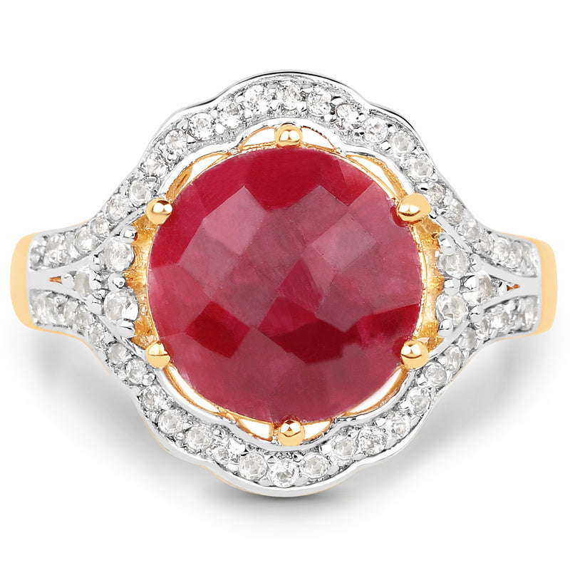 14K Yellow Gold Plated 6.91 Carat Dyed Ruby and White Topaz .925 Sterling Silver Ring