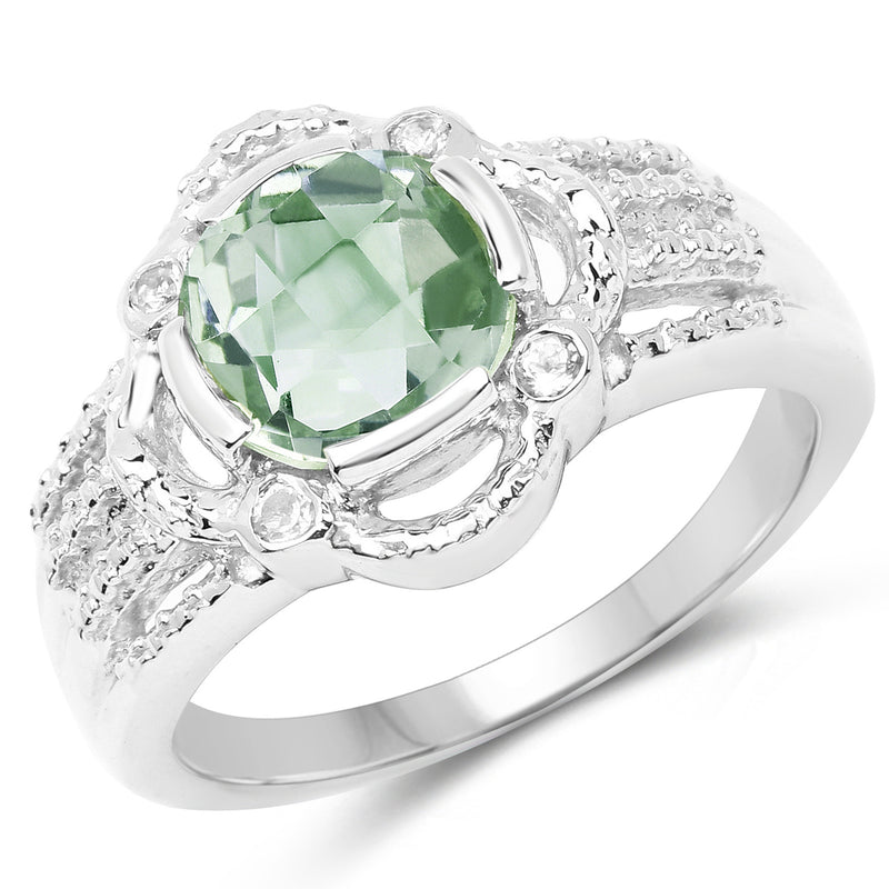 1.74 Carat Genuine Green Amethyst and White Topaz .925 Sterling Silver Ring