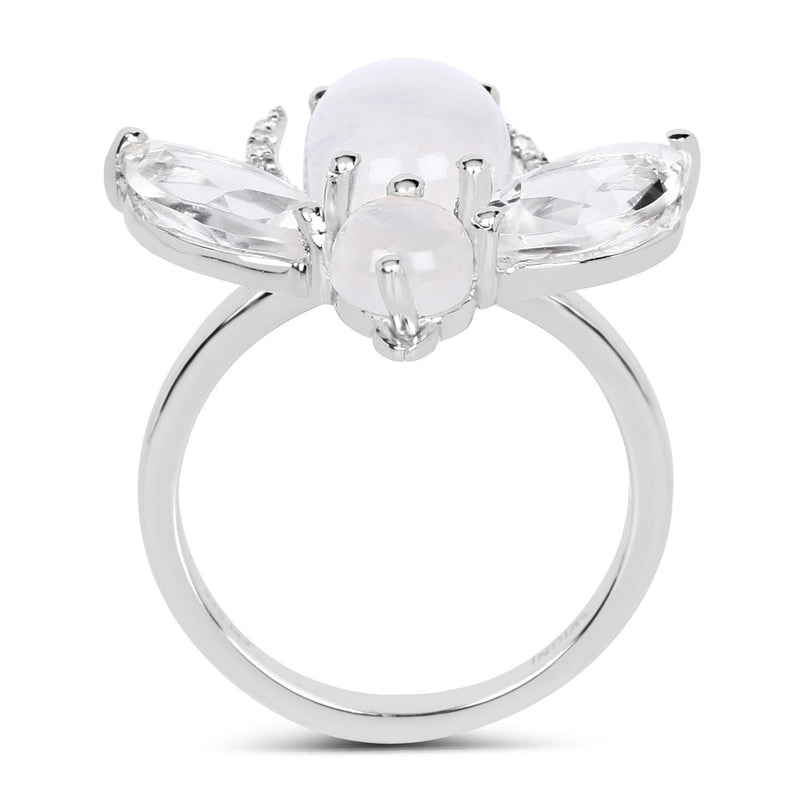 "7.41 Carat Genuine White Rainbow Moonstone, Crystal Quartz and White Topaz .925 Sterling Silver Ring"