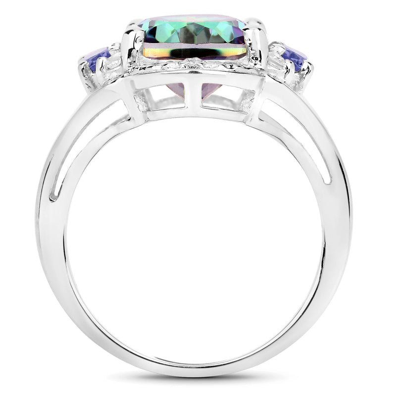 "4.74 Carat Genuine Rainbow Quartz, Tanzanite and White Zircon .925 Sterling Silver Ring"