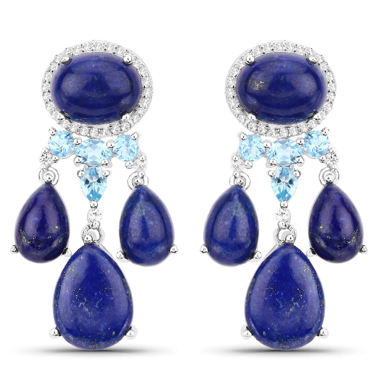 "23.63 Carat Genuine Lapis, Swiss Blue Topaz and White Topaz .925 Sterling Silver Earrings"