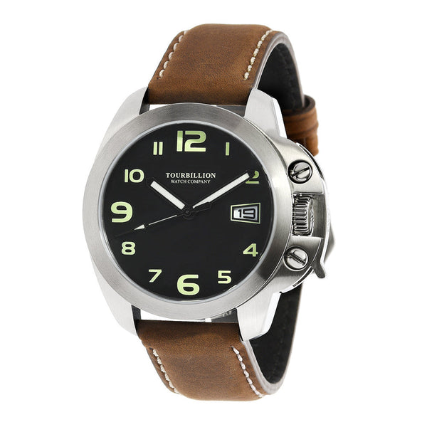 TOURBILLION WATCH COMPANY MODERN COLLECTION STAINLESS STEEL CASE BLACK DIAL WITH GREEN ARABIC NUMBERS WITH CROWN SAFTY LOCK AND BROWN GENUINE LEATHER STRAP