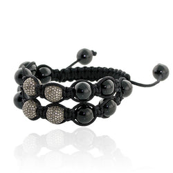 Black Onyx 3.36ct Pave Diamond Bead Macrame Bracelet 925 Sterling Silver Jewelry