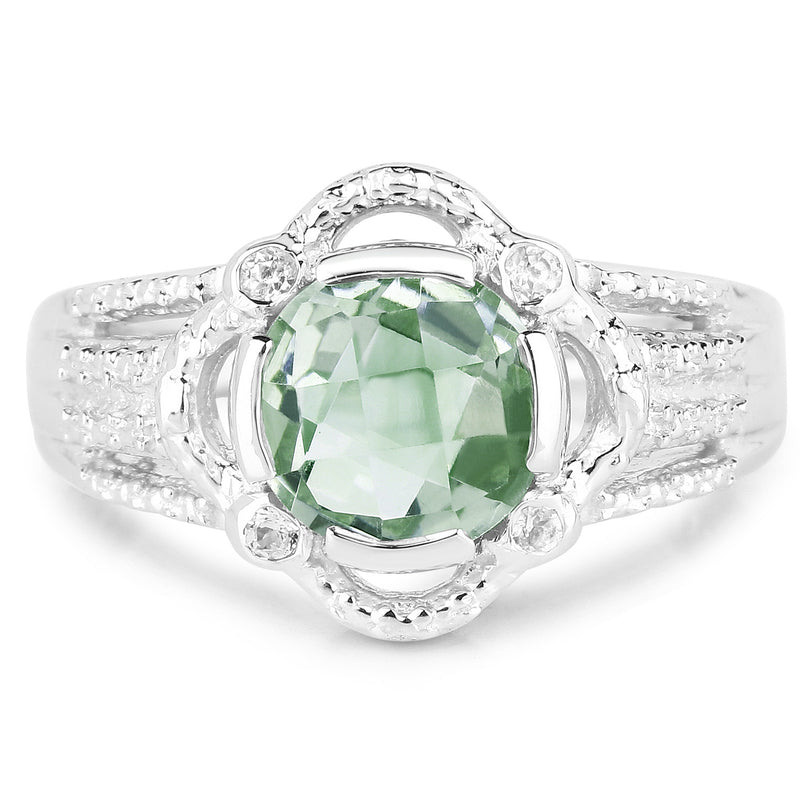 1.74 Carat Genuine Green Amethyst and White Topaz .925 Sterling Silver Ring