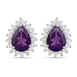 18K White Gold Plated 1.90 Carat Genuine Amethyst and White Topaz .925 Sterling Silver Earrings