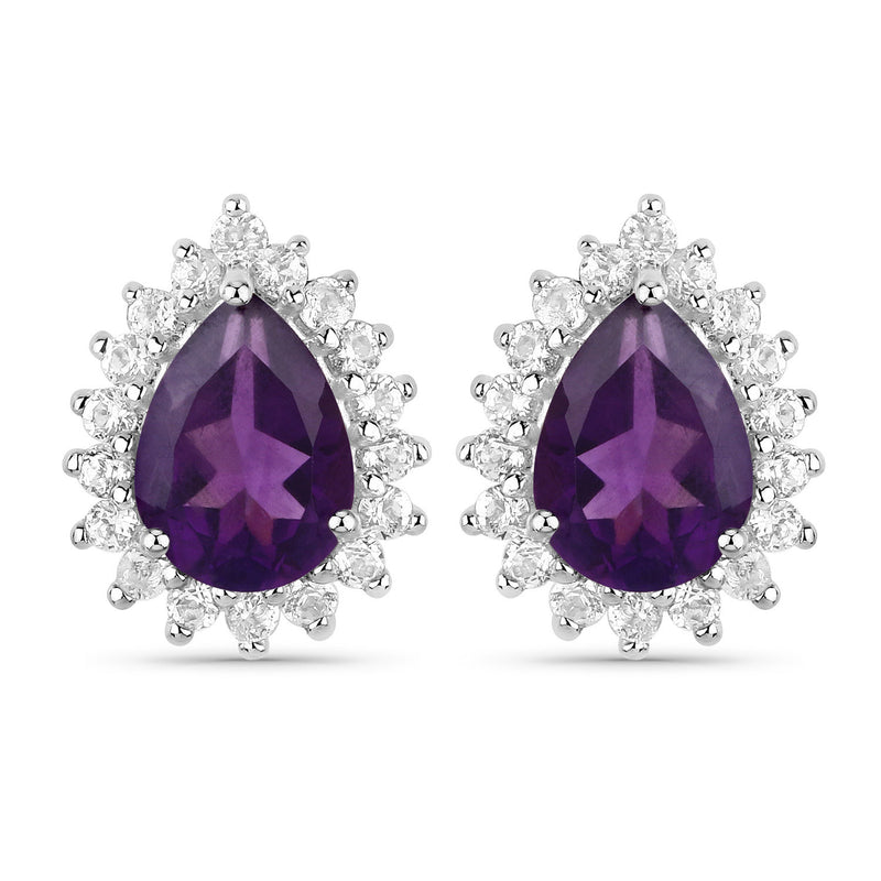 18K White Gold Plated 1.90 Carat Genuine Amethyst and White Topaz .925 Sterling Silver Earrings