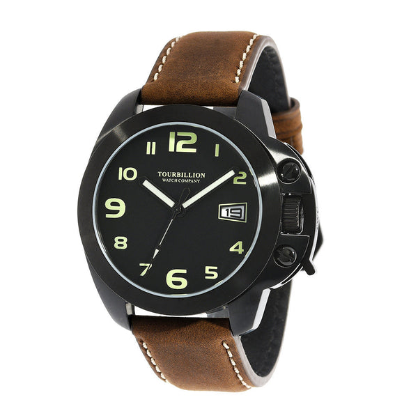 TOURBILLION WATCH COMPANY MODERN COLLECTION WATCH IP BLACK CASE BLACK DIAL WITH GREEN ARABIC NUMBERS WITH CROWN SAFTY LOCK AND BROWN GENUINE LEATHER STRAP