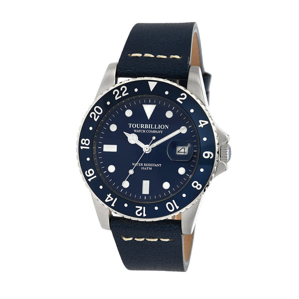 TOURBILLION WATCH COMPANY VINTAGE COLLECTION WATCH SILVER CASE BLUE DIAL WITH INDEX AND BLUE ALUMINUM BEZEL WITH BLUE GENUINE LEATHER STRAP