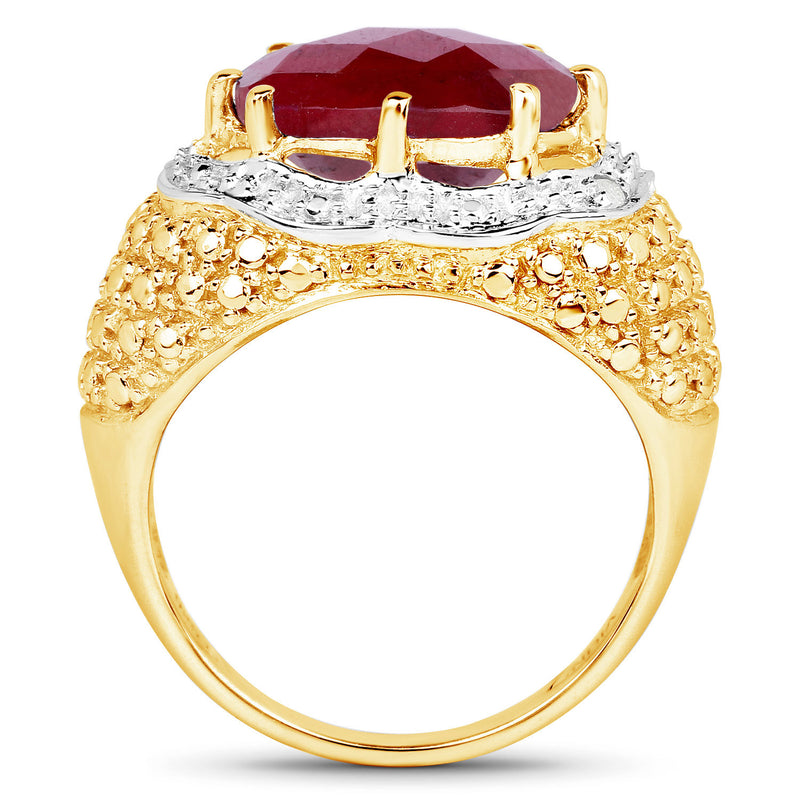 14K Yellow Gold Plated 5.27 Carat Dyed Ruby and White Diamond .925 Sterling Silver Ring