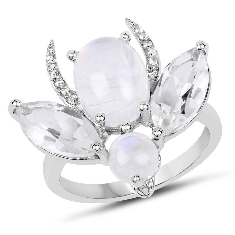 "7.41 Carat Genuine White Rainbow Moonstone, Crystal Quartz and White Topaz .925 Sterling Silver Ring"