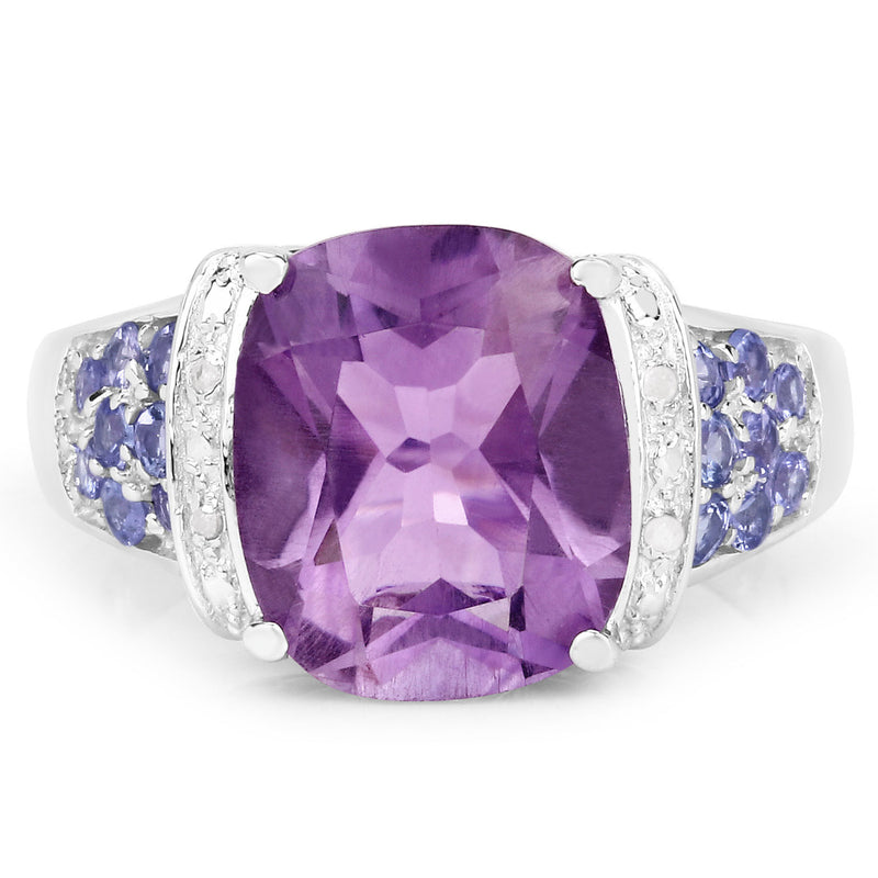 "4.66 Carat Genuine Amethyst, Tanzanite and White Diamond .925 Sterling Silver Ring"