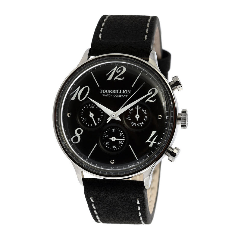 TOURBILLION WATCH COMPANY RETRO COLLECTION WATCH SILVER CASE BLACK DIAL WITH NUMBER & INDEX AND BLACK GENUINE LEATHER STRAP