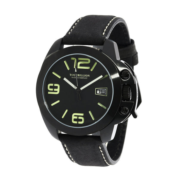 TOURBILLION WATCH COMPANY MODERN COLLECTION WATCH IP BLACK CASE BLACK DIAL WITH GREEN ARABIC NUMBERS AND INDEX WITH CROWN SAFTY LOCK AND BLACK GENUINE LEATHER STRAP