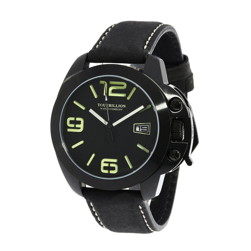 TOURBILLION WATCH COMPANY MODERN COLLECTION WATCH IP BLACK CASE BLACK DIAL WITH GREEN ARABIC NUMBERS AND INDEX WITH CROWN SAFTY LOCK AND BLACK GENUINE LEATHER STRAP