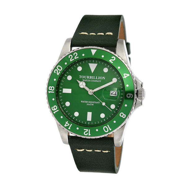 TOURBILLION WATCH COMPANY VINTAGE COLLECTION WATCH SILVER CASE GREEN DIAL WITH INDEX AND GREEN ALUMINUM BEZEL WITH GREEN GENUINE LEATHER STRAP