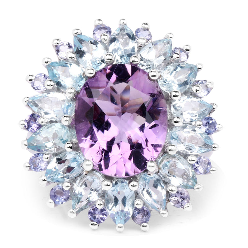"7.79 Carat Genuine Amethyst, Blue Topaz and Tanzanite .925 Sterling Silver Ring"