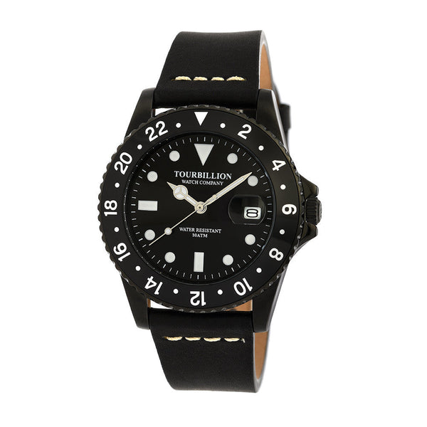 TOURBILLION WATCH COMPANY VINTAGE COLLECTION WATCH IP BLACK CASE BLACK DIAL WITH INDEX AND BLACK ALUMINUM BEZEL WITH BLACK GENUINE LEATHER STRAP
